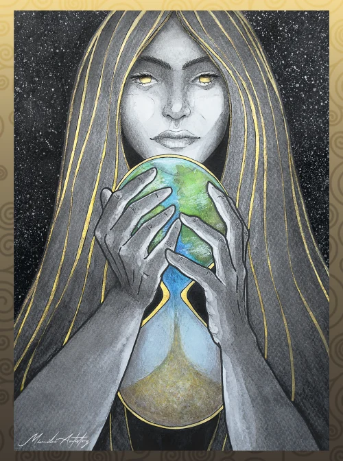 Portrait of a woman holding an hourglass. Upper part of the hourglass shows the planet Earth, lower part turns into dry sand.