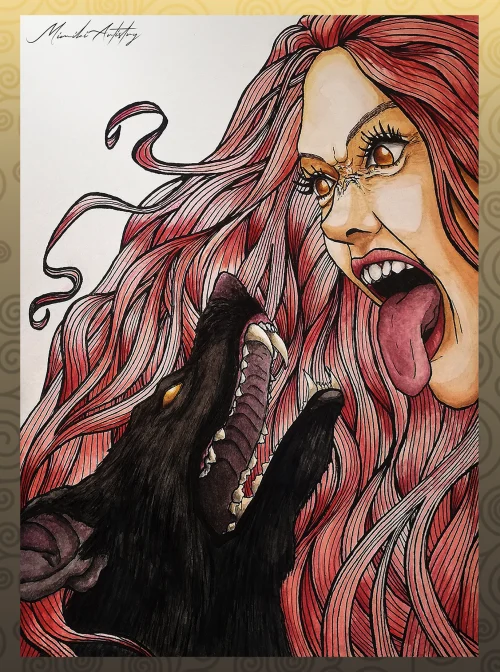 Confrontation of a woman with pink hair and a black dog, both shouting at each other.