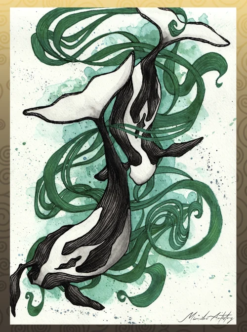 Two orcas swimming away from viewer, surrounded bei abstract green organic forms.