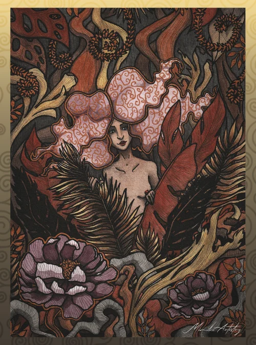Naked woman with abstract curly hair is peeking through a garden full of exotic flowers.